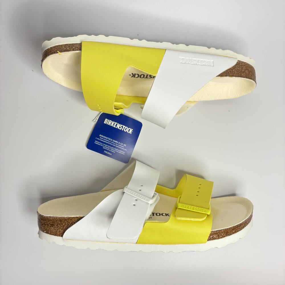Birkenstock Arizona Split Two Strap Sandals in White/Lime Sour (Narrow) - Picture 7 of 9